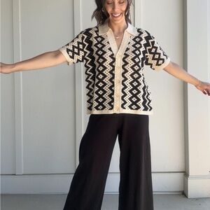 Black and White Crochet Button Closure Top